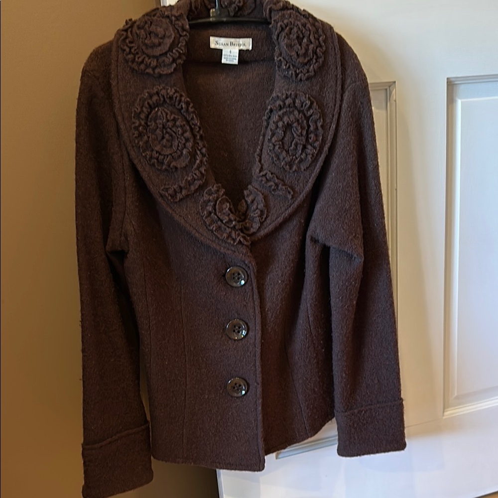 Brown Button-up Jacket with Floral Accents